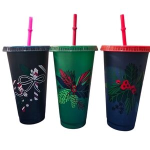 3 Starbucks Reusable Christmas Cups Lids Straws